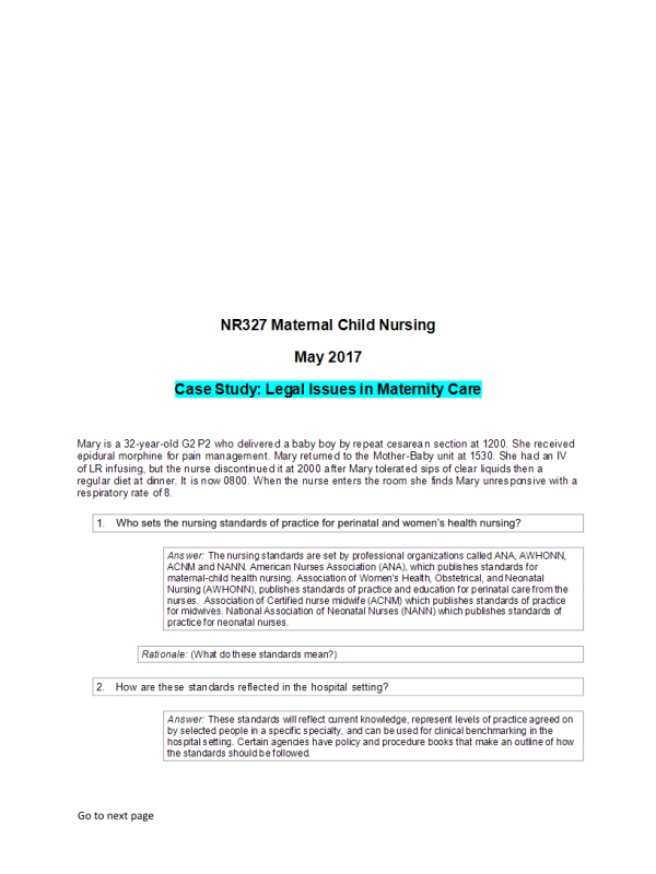 NR 327 Faculty Assignment # 1; Case Study Legal Issues in Maternity Care