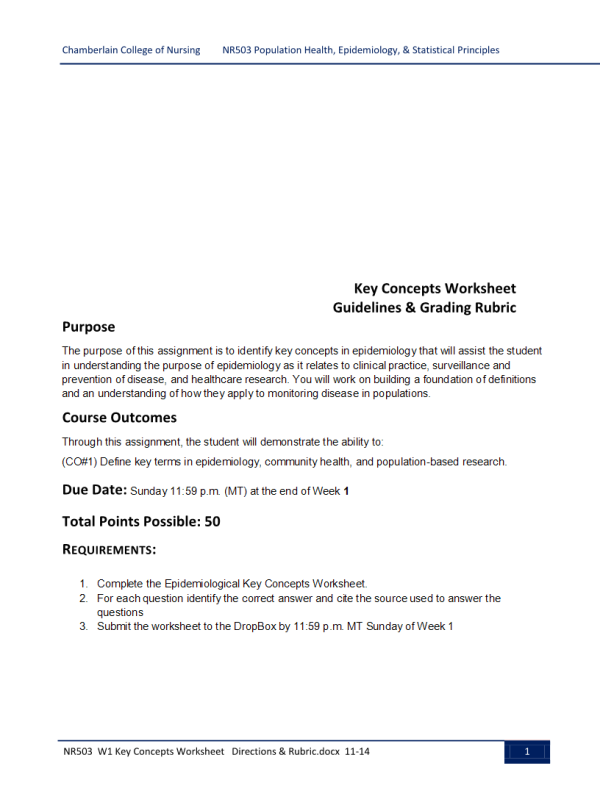 NR 503 Week 1 Assignment; Key Concepts Worksheet ►