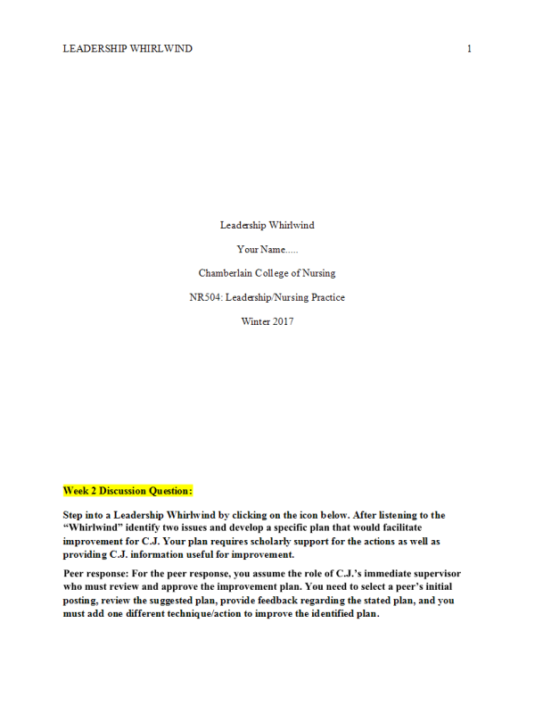 NR 504 Week 2 Discussion Question - Leadership Whirlwind →