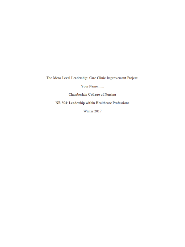 NR 504 Week 6 Assignment; The Meso Level Leadership - Care Clinic Improvement Project →