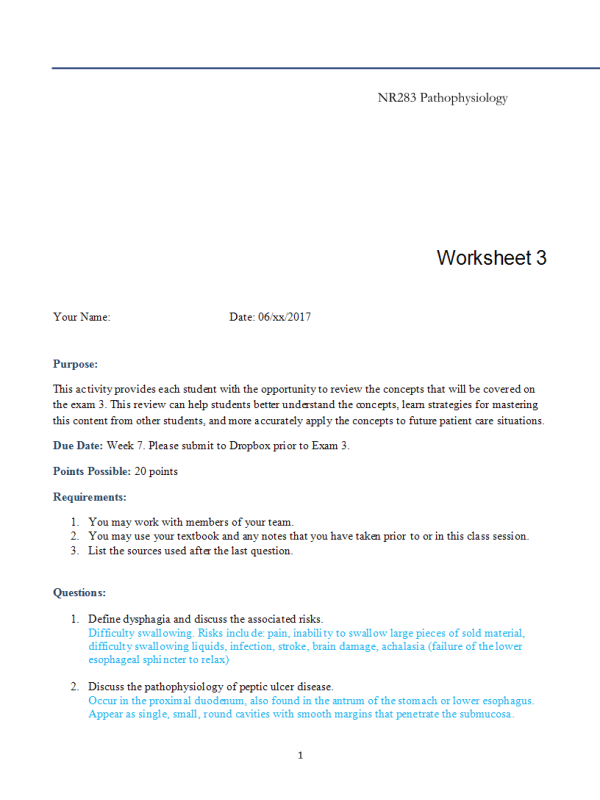 NR 283 Unit 7 In Class Activity; Worksheet 3