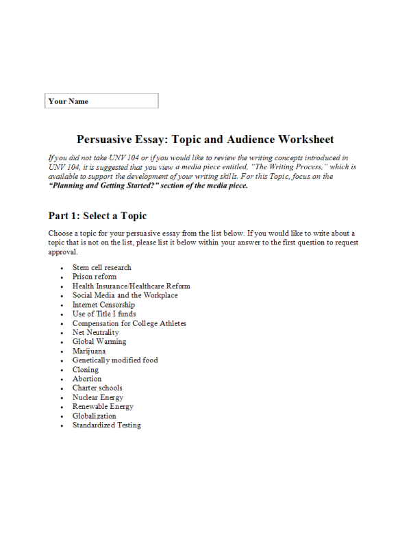 PHI 105 Topic 1 Assignment; Persuasive Essay; Topic and Audience Worksheet