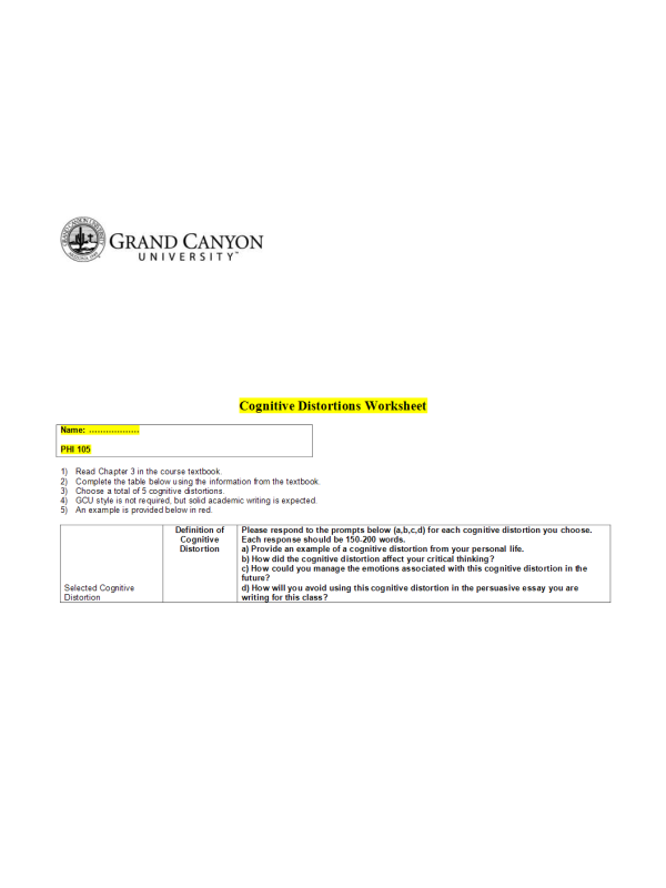 PHI 105 Topic 3 Assignment; Cognitive Distortions Worksheet