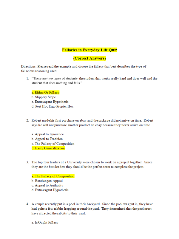 PHI 105 Topic 4 Quiz; Fallacies in Everyday Life Quiz