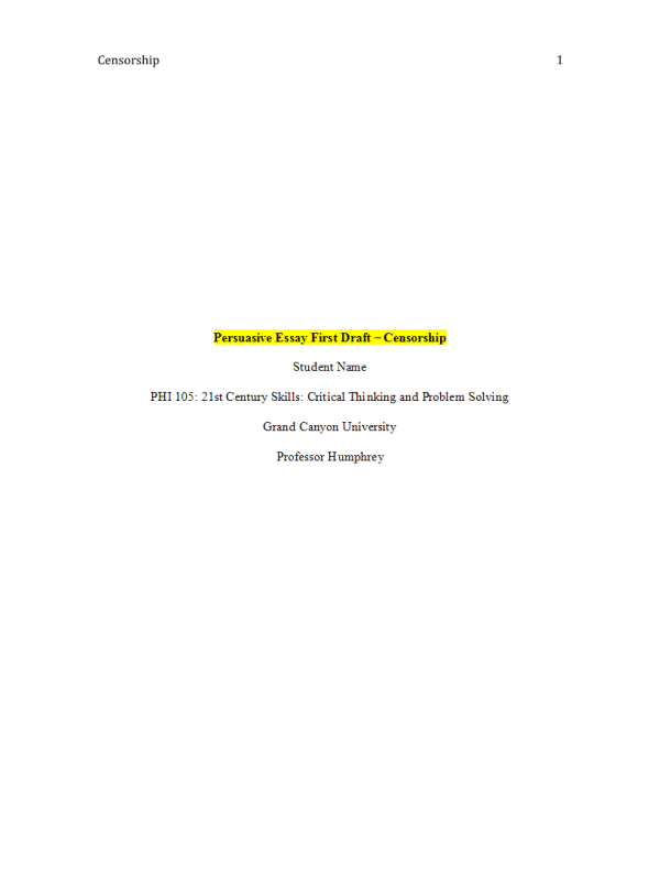 PHI 105 Topic 5 Assignment; Persuasive Essay First Draft; Censorship