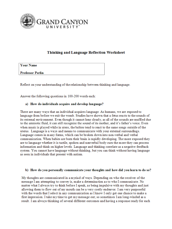 PHI 105 Topic 5 Assignment; Thinking and Language Reflection Worksheet