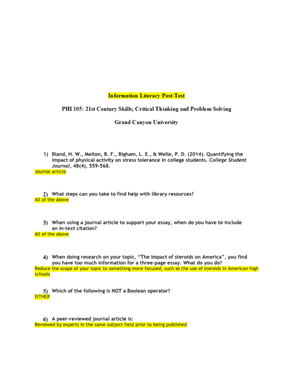 PHI 105 Topic 7 Quiz; Information Literacy Post-Test