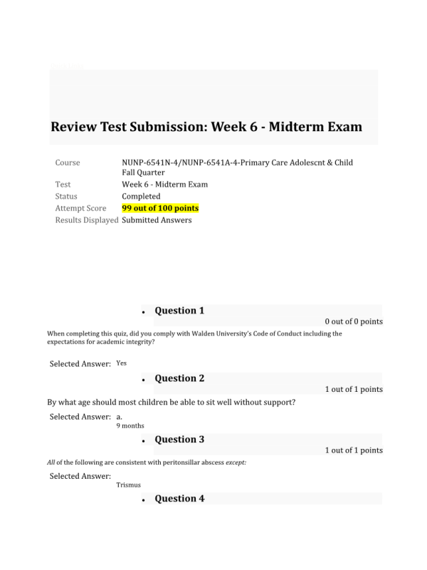 NURS 6541 Week 6 Midterm Exam: 99 out of 100 Points (Fall Quarter)