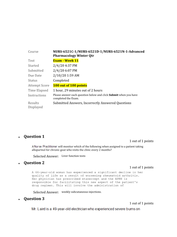 NURS-6521C-1, NURS-6521D-1, NURS-6521N-1 Exam - Week 11 Final100 out of 100 Points