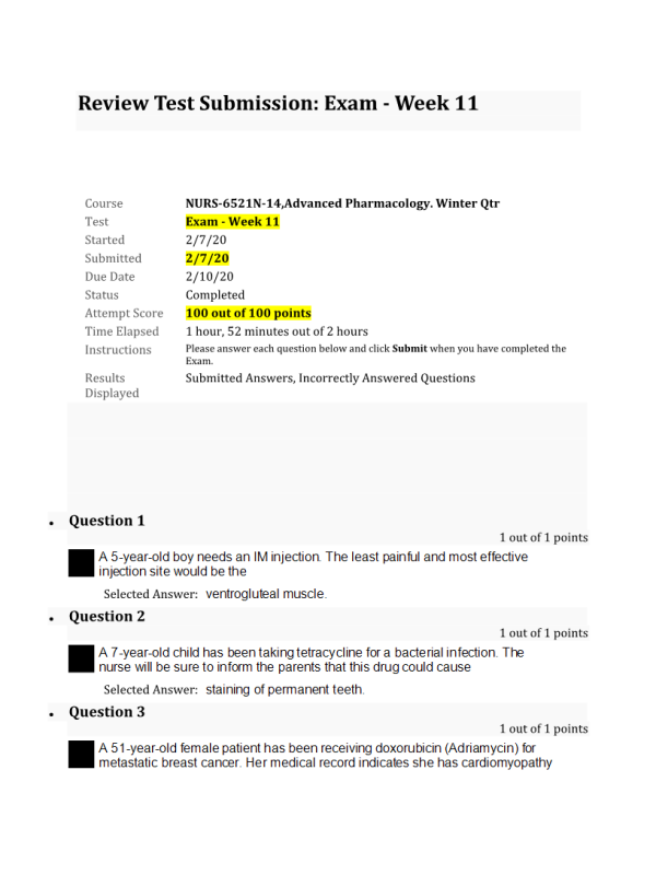 NURS 6521N-14, Week 11 Final Exam100 out of 100 Points