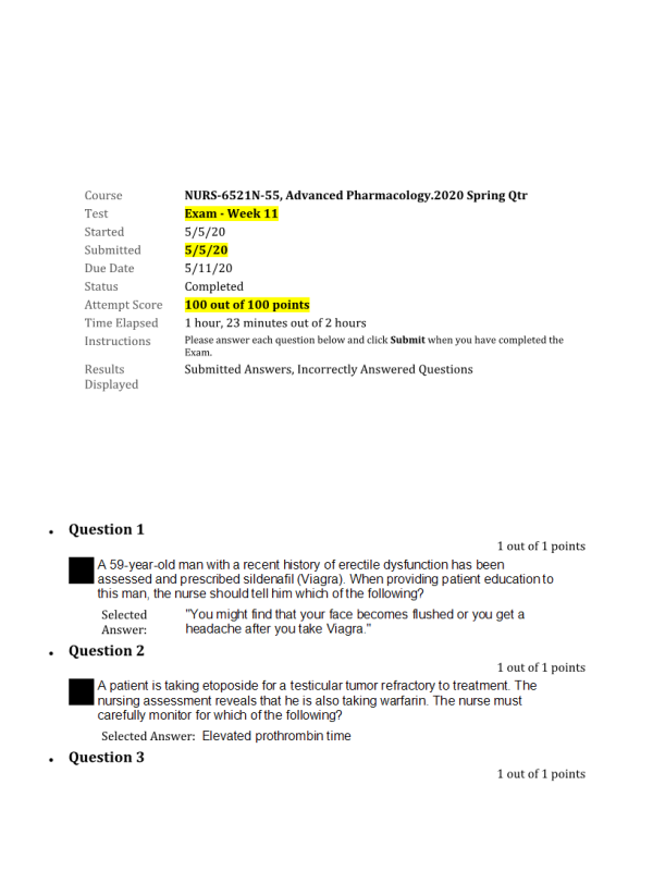 NURS 6521N-55, Week 11 Final Exam100 out of 100 Points