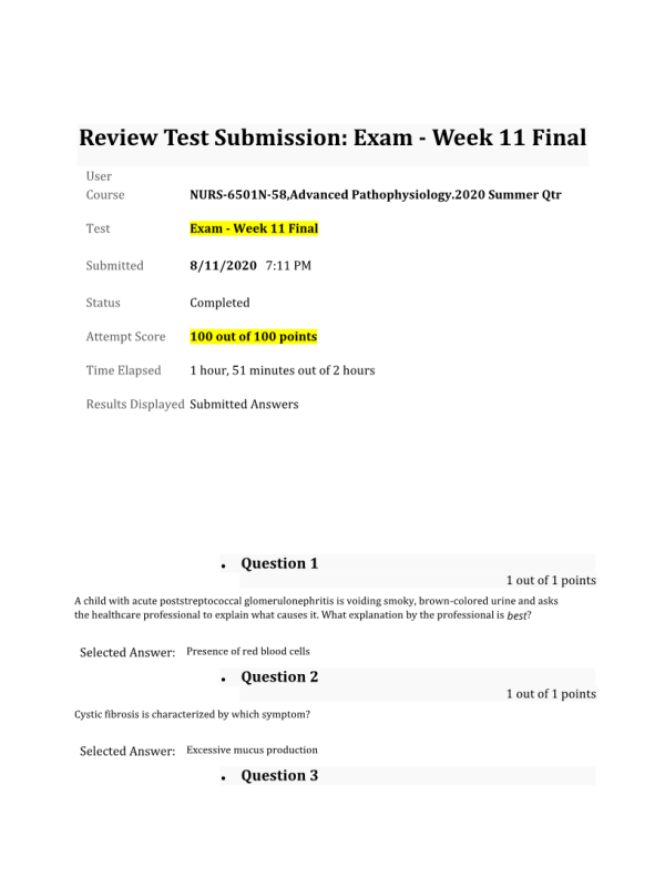 NURS 6501N-58: Week 11 Final Exam: 100 out of 100 Points 