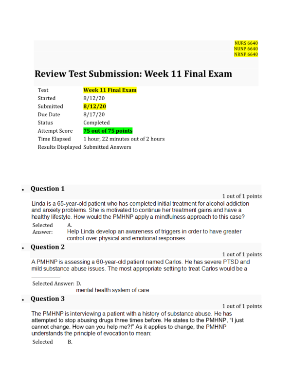 NURS 6640 Week 6 Midterm Exam: 75 out of 75 Points