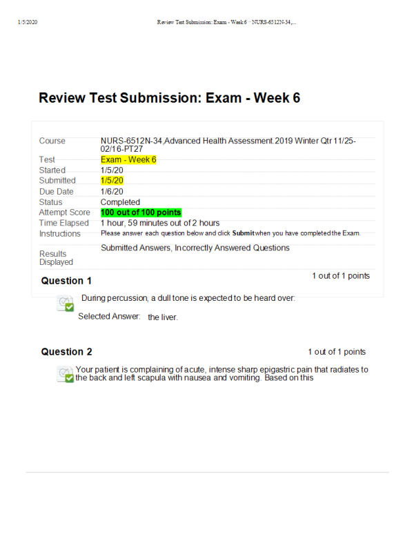 NURS 6512N-34, Week 6 Midterm Exam: 100 out of 100 Points