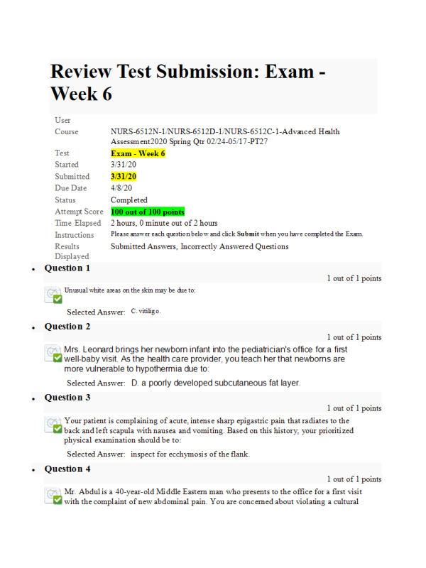 NURS-6512N-1, NURS-6512D-1, NURS-6512C-1: Exam - Week 6 Midterm: 100 out of 100 Points