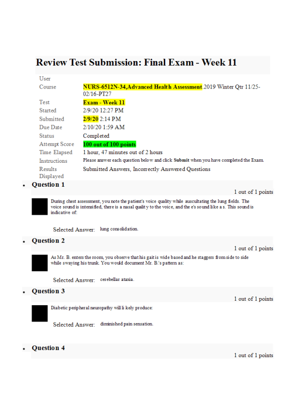 NURS 6512N-34, Week 11 Final Exam: 100 out of 100 Points