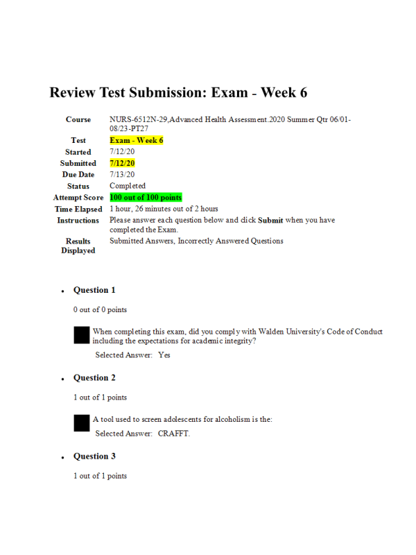 NURS 6512N-29 Week 6 Midterm Exam: 100 out of 100 Points