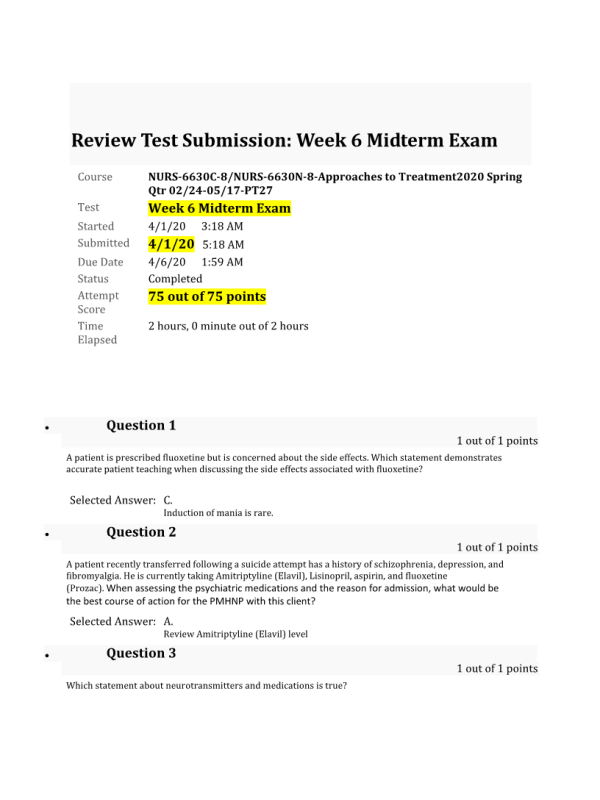 NURS 6630C-8, NURS-6630N-8; Exam - Week 6 Midterm (75 out of 75 Points)
