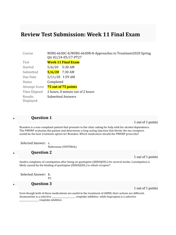 NURS 6630C-8, NURS-6630N-8; Exam - Week 11 Final (75 out of 75 Points)