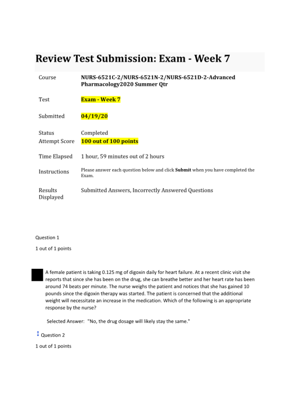 NURS 6521C-2 NURS-6521N-2, NURS-6521D-2 Exam - Week 7 Midterm; 100 out of 100 Points