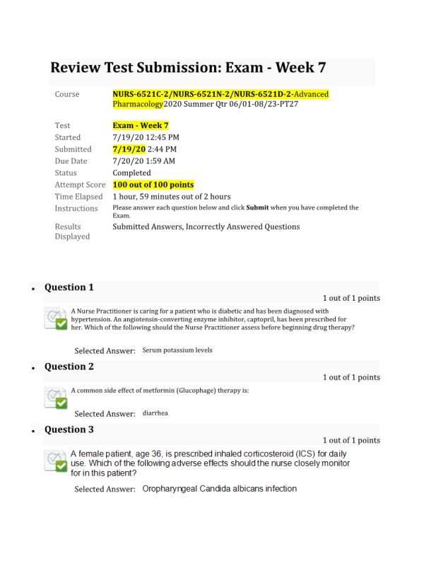 NURS 6521C-2, NURS-6521N-2, NURS-6521D-2 Exam - Week 7 Midterm; 100 out of 100 Points