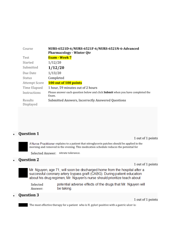 NURS 6521D-6, NURS-6521F-6, NURS-6521N-6 Exam - Week 7 Midterm; 100 out of 100 Points