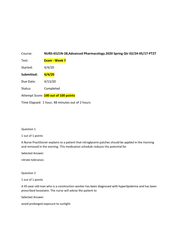 NURS 6521N-28, Week 7 Midterm Exam; 100 out of 100 Points