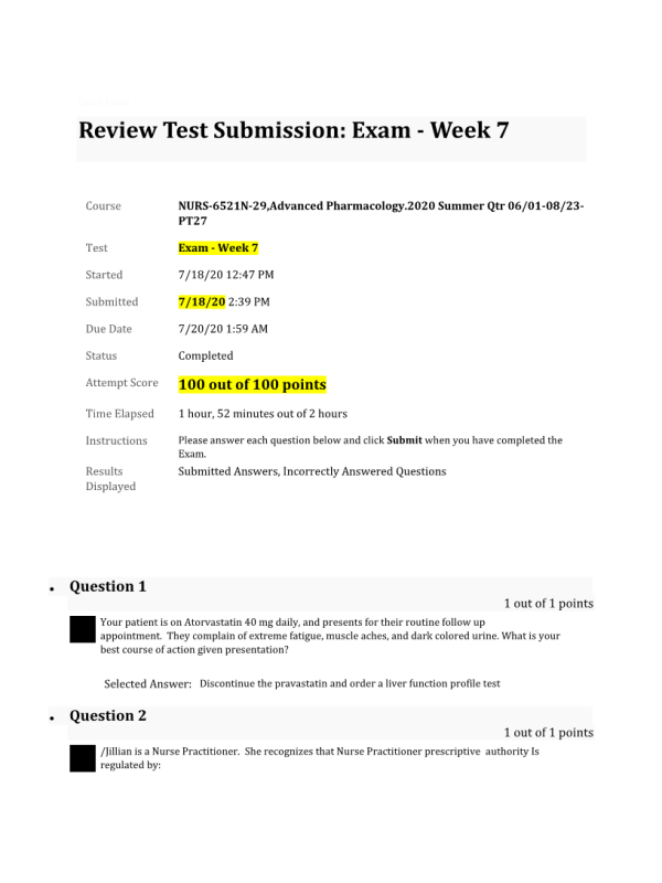 NURS 6521N-29, Week 7 Midterm Exam; 100 out of 100 Points