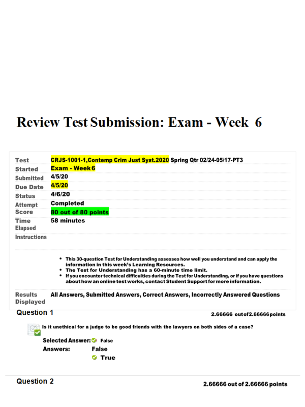 CRJS 1001-1, Contemp Crim Just Syst; Exam - Week 6 Final; 80 out of 80 Points