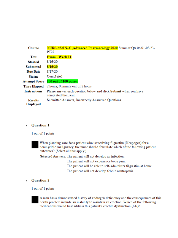 NURS 6521N-31, Week 11 Final Exam; 100 out of 100 Points