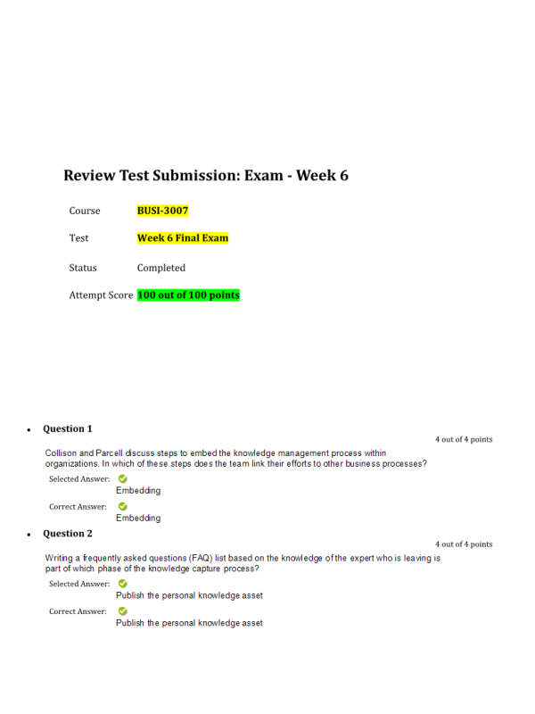 BUSI 3007; Week 6 Final Exam: 100 out of 100 Points