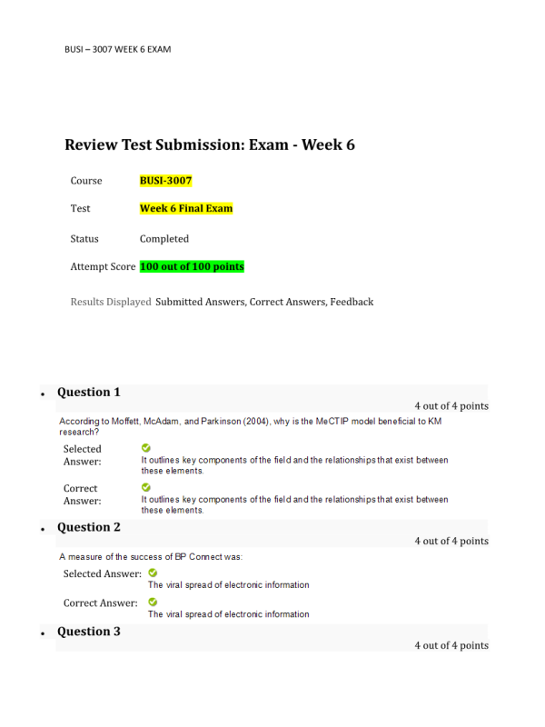BUSI 3007 Week 6 Final Exam: 100 out of 100 Points