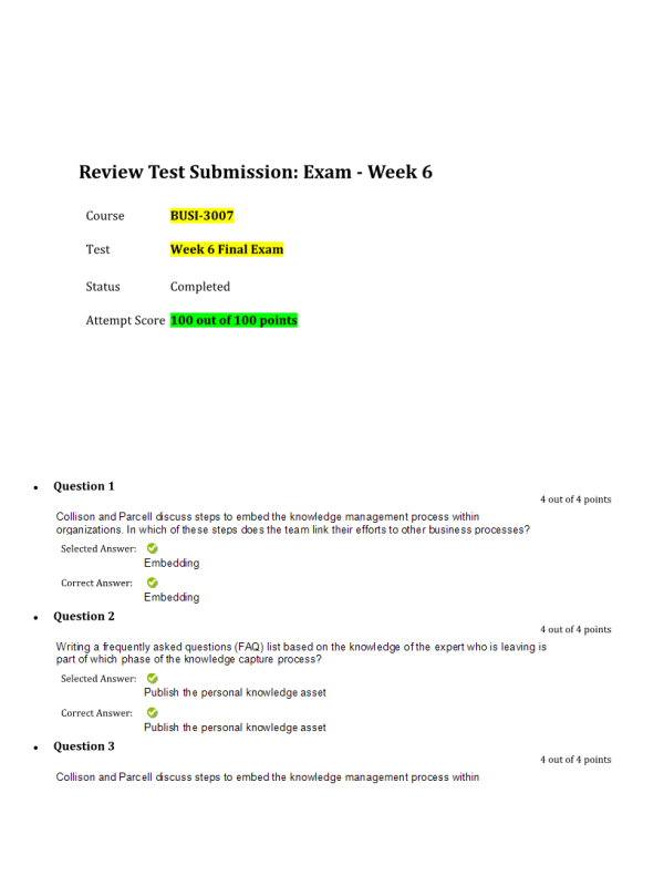 BUSI 3007 Week 6 Final Exam: 100 out of 100 Points (Summer Quarter)