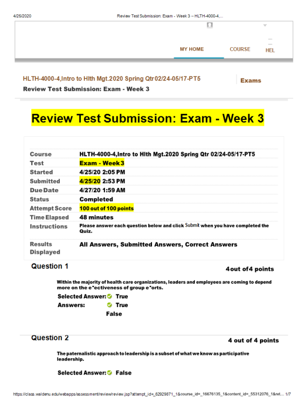 HLTH 4000-4, Intro to Hlth Mgt; Exam - Week 3 Midterm (100 out of 100 Points)
