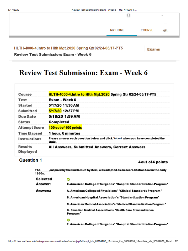 HLTH 4000-4, Intro to Hlth Mgt; Exam - Week 6 Final (100 out of 100 Points)
