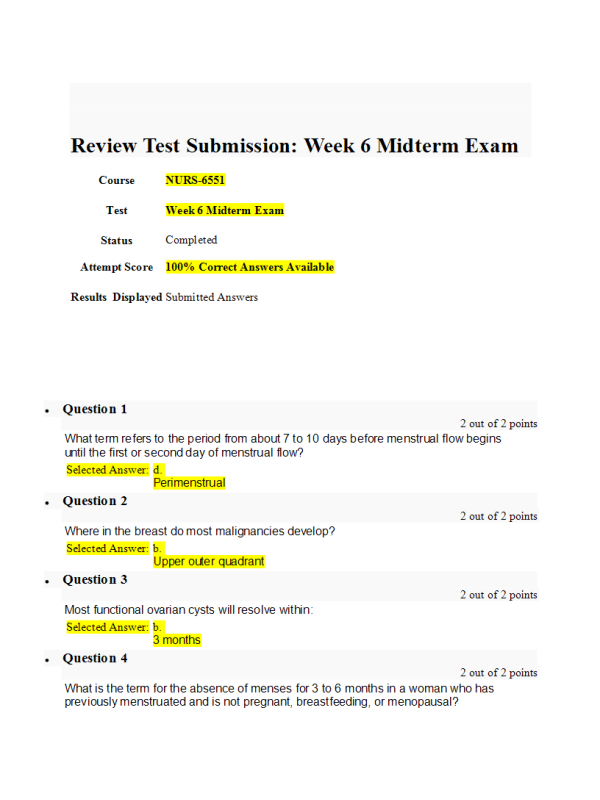 NURS 6551 Week 6 Midterm Exam (100 out of 100 Points)