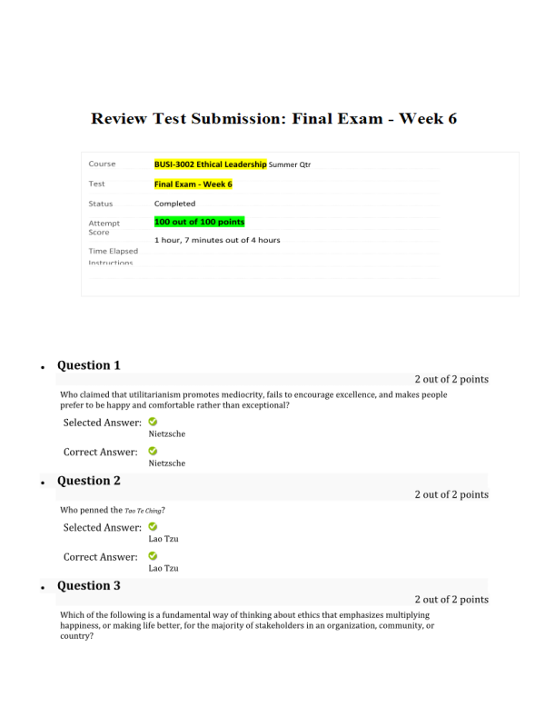 BUSI 3002 Week 6 Final Exam (100 out of 100 Points; Summer Quarter)