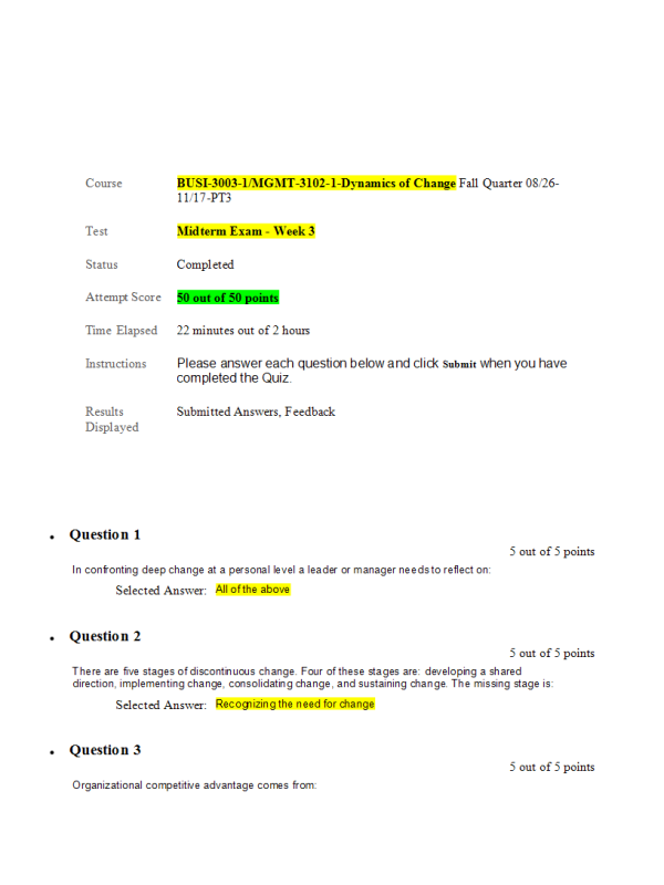 BUSI 3003-1, MGMT-3102-1; Week 3 Midterm Exam (50 out of 50 Points; Fall Qtr)