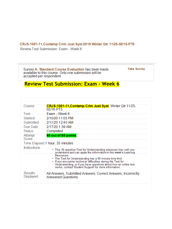 CRJS 1001-11 Exam - Week 6 Final (80 out of 80 Points)