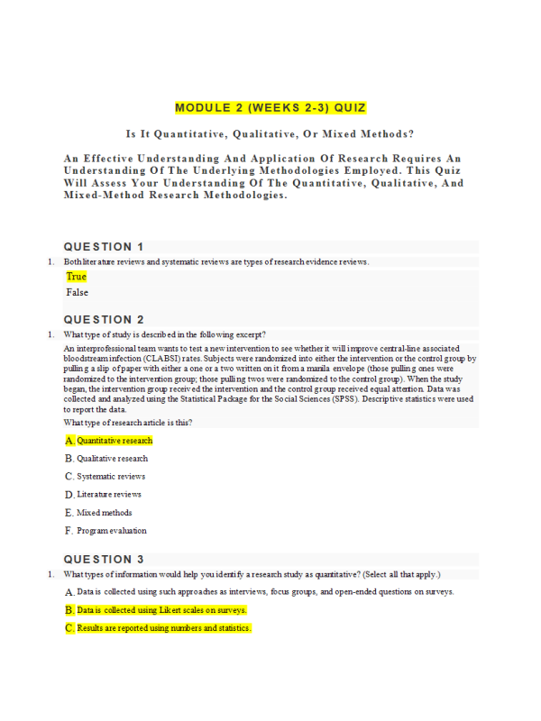 NURS 6052 Module 2 (Weeks 2-3) Quiz; Is It Quantitative, Qualitative, or Mixed Methods