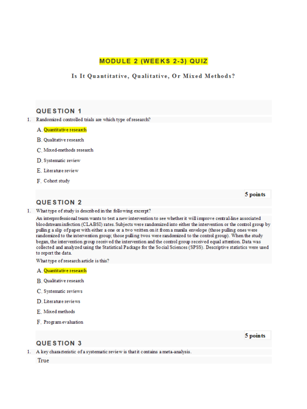 NURS 6052 Module 2 (Weeks 2-3) Quiz; Is It Quantitative, Qualitative, or Mixed Methods