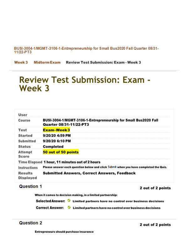 BUSI 3004-1, MGMT-3106-1-Entrepreneurship for Small Bus; Exam - Week 3 Midterm (100% Correct)