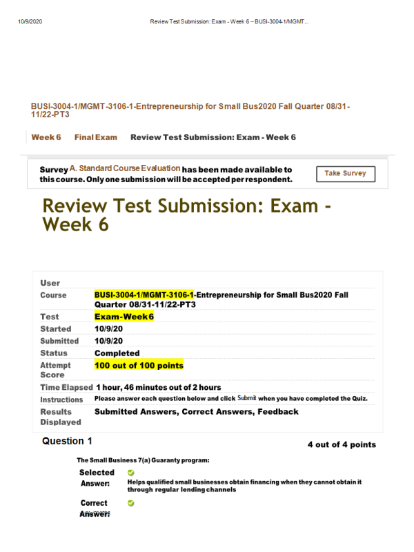 BUSI 3004-1, MGMT-3106-1-Entrepreneurship for Small Bus; Exam - Week 6 Final (100% Correct)