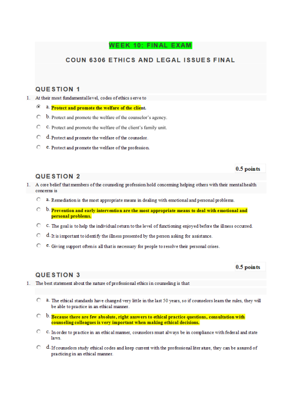 COUN 6306 Ethics and Legal Issues; Week 10 Final Exam (Score 25 out of 25 Points)