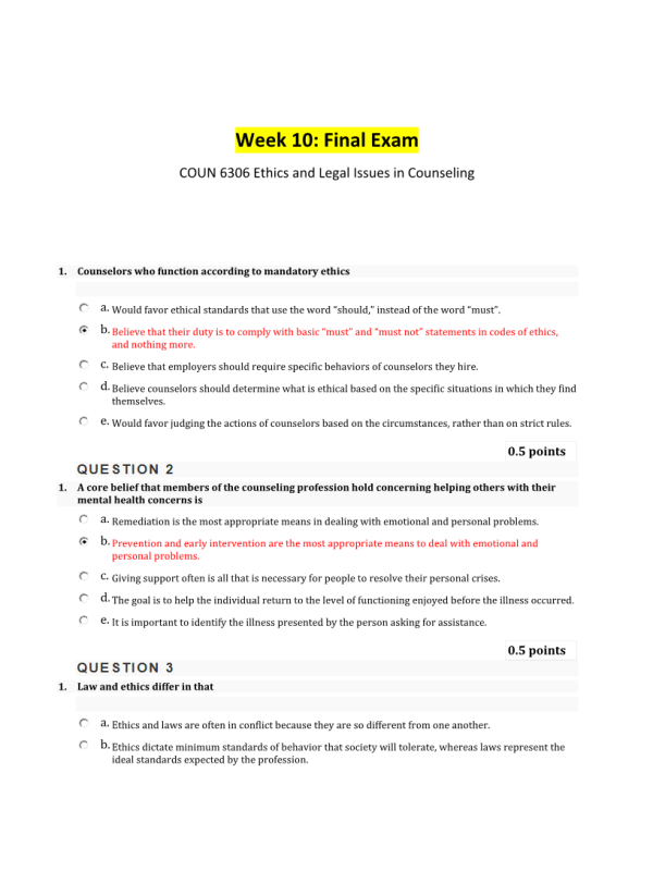 COUN 6306 Ethics and Legal Issues; Week 10 Final Exam (Score 25 out of 25 Points)