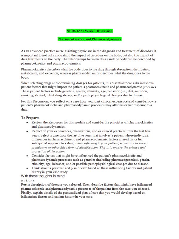 NURS 6521 Week 1 Discussion; Pharmacokinetics and Pharmacodynamics (Oct Term)