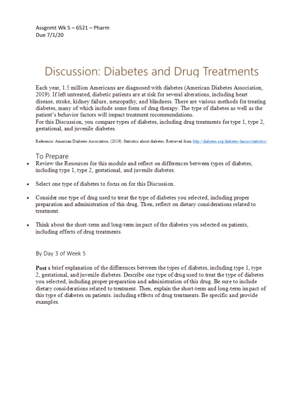 NURS 6521 Week 5 Discussion; Diabetes and Drug Treatments