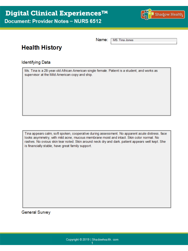 NURS 6512 Week 4 Digital Clinical Experience (DCE); Health History Assessment