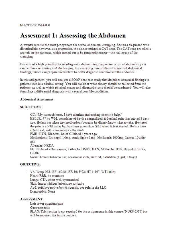 NURS 6512 Week 6 Lab Assignment; Assessing the Abdomen