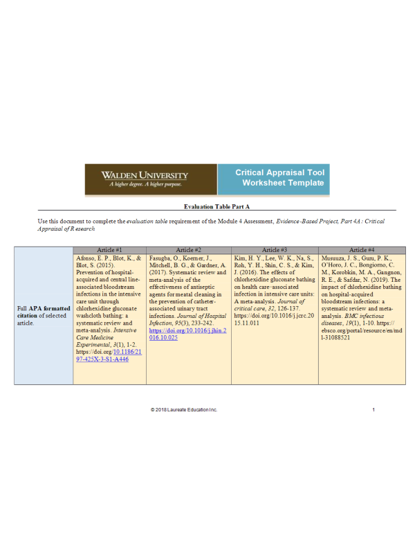 NRS 493 Topic 4 Assignment; Literature Evaluation Table